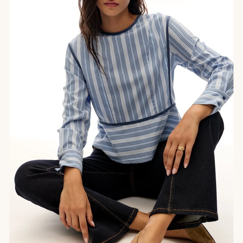 Blue Cream Striped Contrast Piping Long Sleeve Blouse